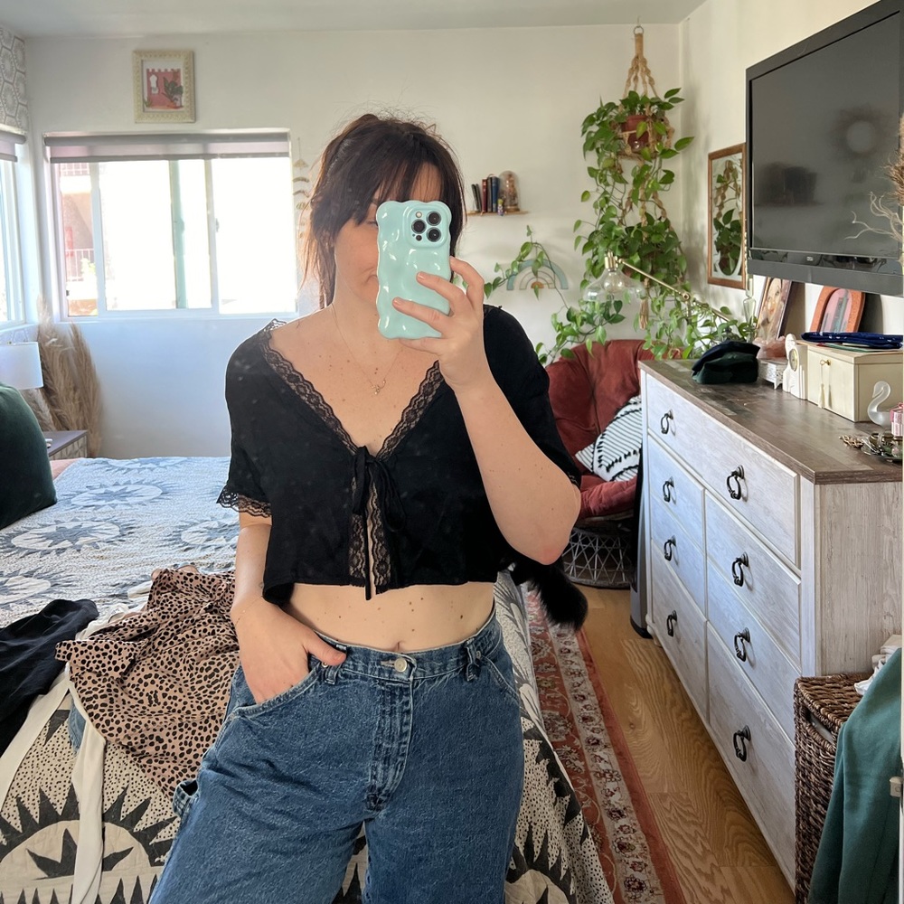 Lacy Tie-Front Black Blouse